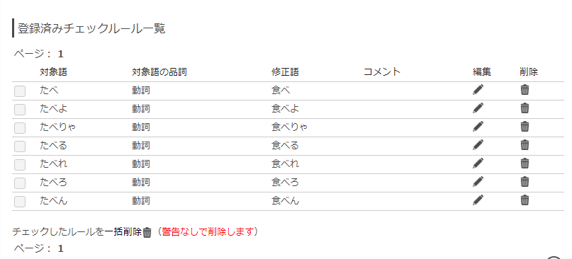 画面2 動詞「たべる」を漢字にするルールが登録された