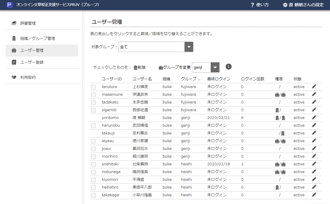 画面1 ユーザー管理画面トップ(組織管理者の場合)